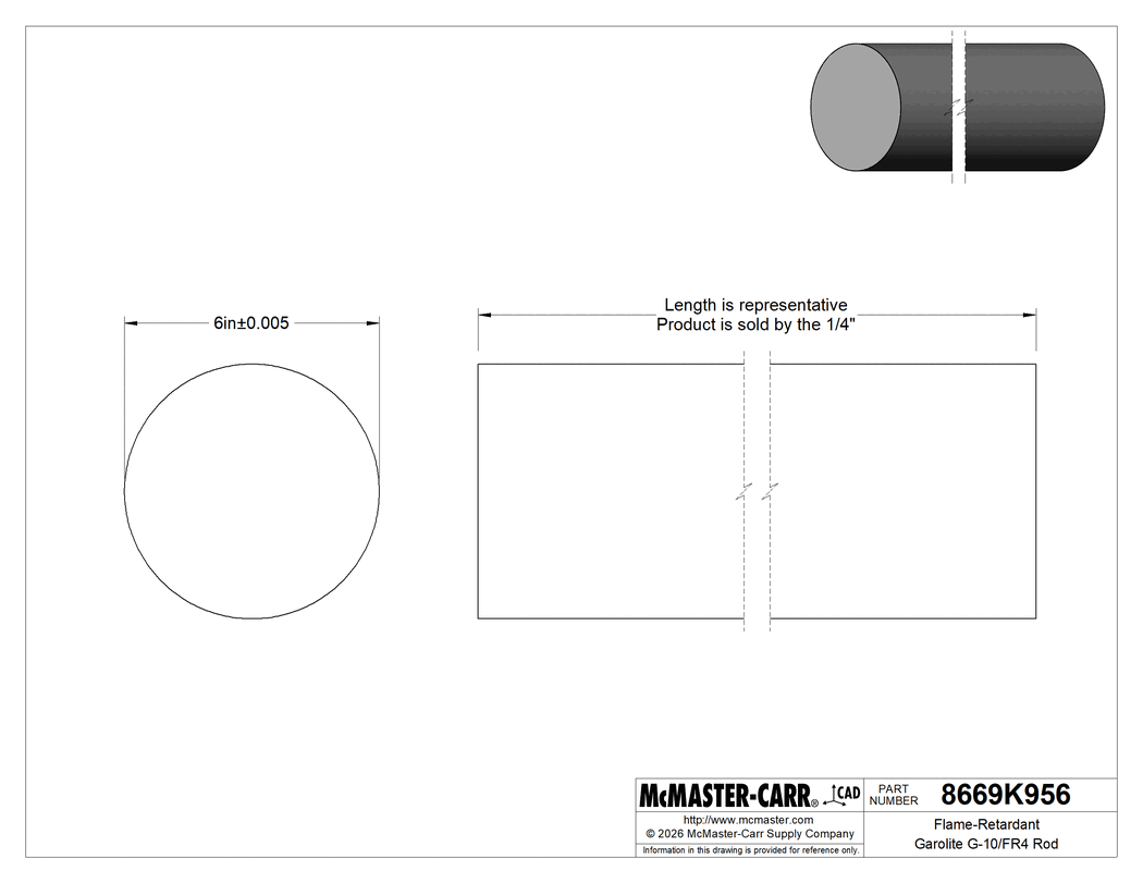 Technical Drawing of Flame-Retardant Garolite G-10/FR4 Rod, Green, 6" Diameter.